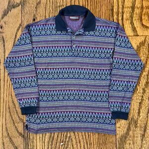 Vintage 90’s Abstract Geometric Patterned Long Sleeve Polo Shirt